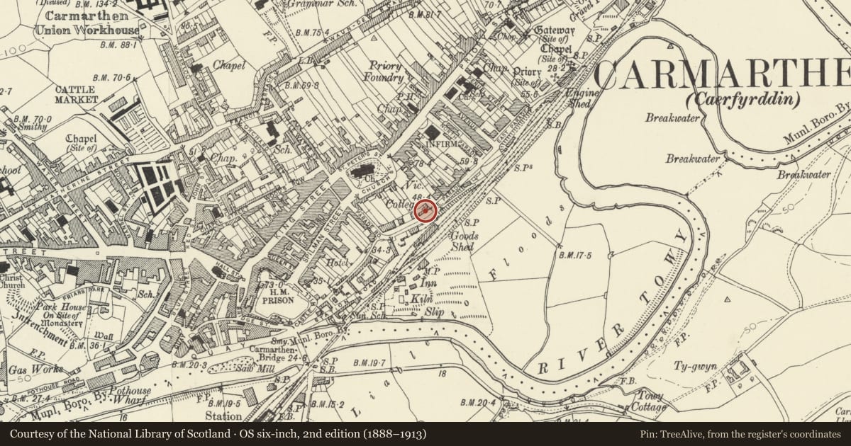 Ordnance Survey six-inch map, 2nd edition (1888–1913) covering the location of Former Presbyterian College, Carmarthen, Carmarthenshire, with a pin at the register's coordinates