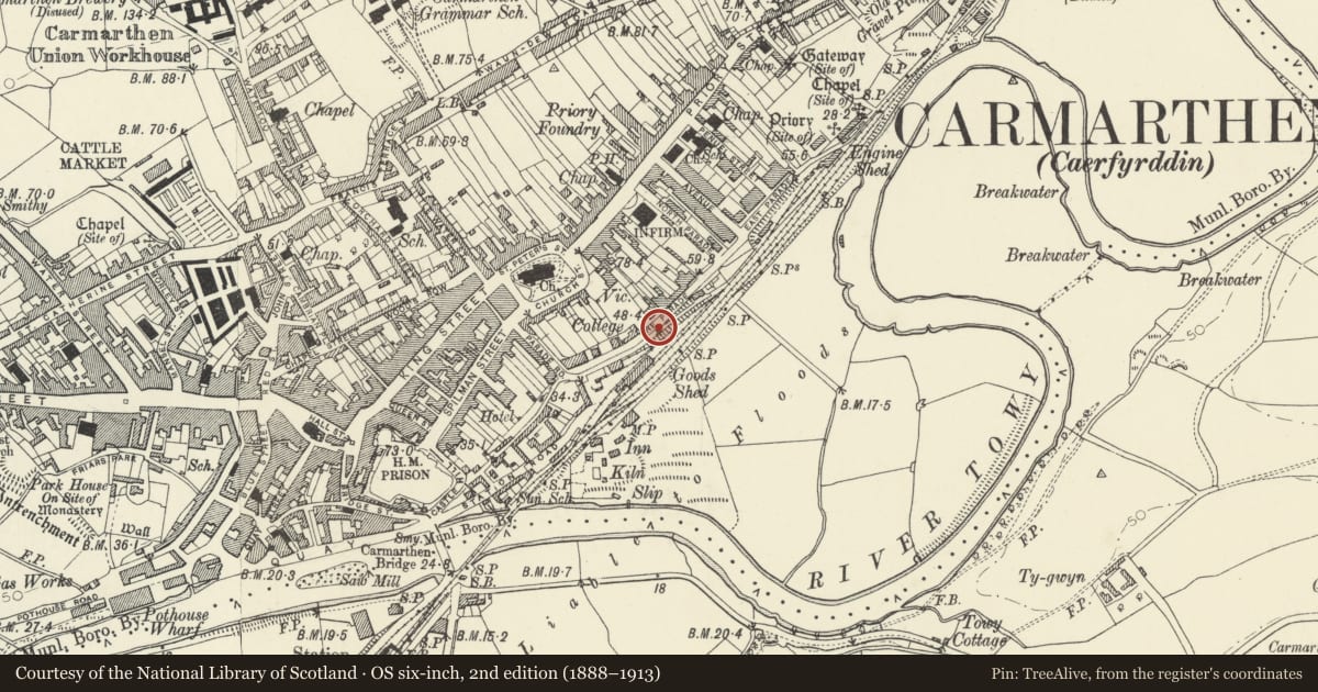 Ordnance Survey six-inch map, 2nd edition (1888–1913) covering the location of Gates, gatepiers and bollards to footpath on S side, Carmarthen, Carmarthenshire, with a pin at the register's coordinates