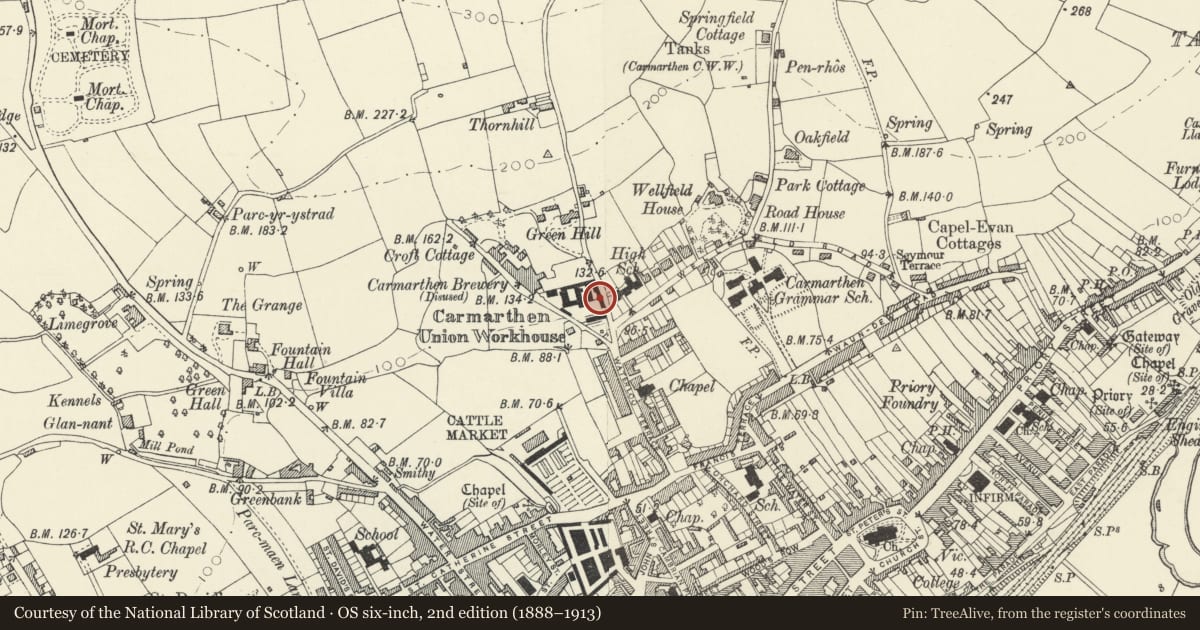 Ordnance Survey six-inch map, 2nd edition (1888–1913) covering the location of Entrance Building to the former Carmarthen Workhouse, Carmarthenshire, with a pin at the register's coordinates