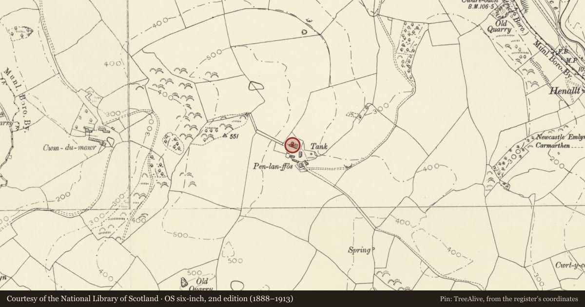 Ordnance Survey six-inch map, 2nd edition (1888–1913) covering the location of Barn at Penlanffos Farm, Carmarthen, Carmarthenshire, with a pin at the register's coordinates