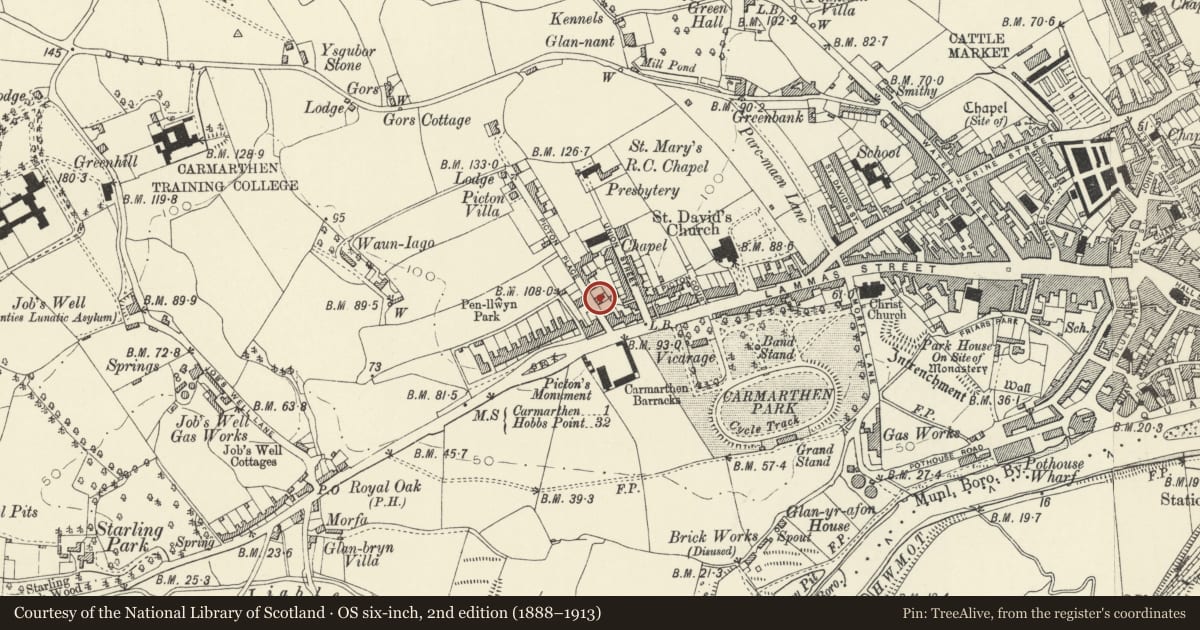 Ordnance Survey six-inch map, 2nd edition (1888–1913) covering the location of No 1 with railings and gate, Carmarthen, Carmarthenshire, with a pin at the register's coordinates