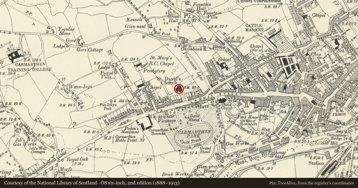 Ordnance Survey six-inch map, 2nd edition (1888–1913) covering the location of Church of St David/Eglwys Dewi Sant, Carmarthen, Carmarthenshire, with a pin at the register's coordinates