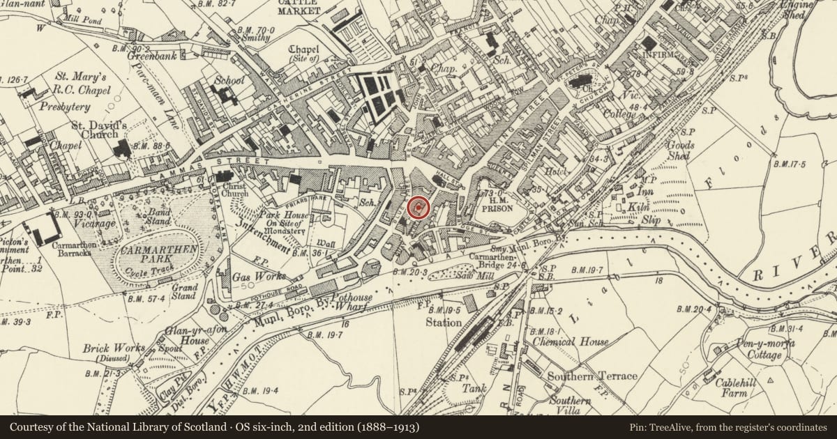Ordnance Survey six-inch map, 2nd edition (1888–1913) covering the location of Section of medieval town wall behind Nos 27 to 30, Carmarthen, Carmarthenshire, with a pin at the register's coordinates