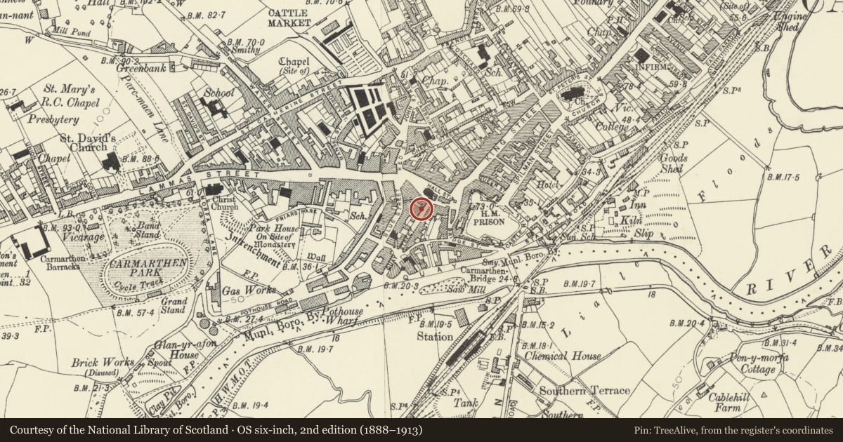 Ordnance Survey six-inch map, 2nd edition (1888–1913) covering the location of 32 Quay Street, Carmarthen, Carmarthenshire, with a pin at the register's coordinates