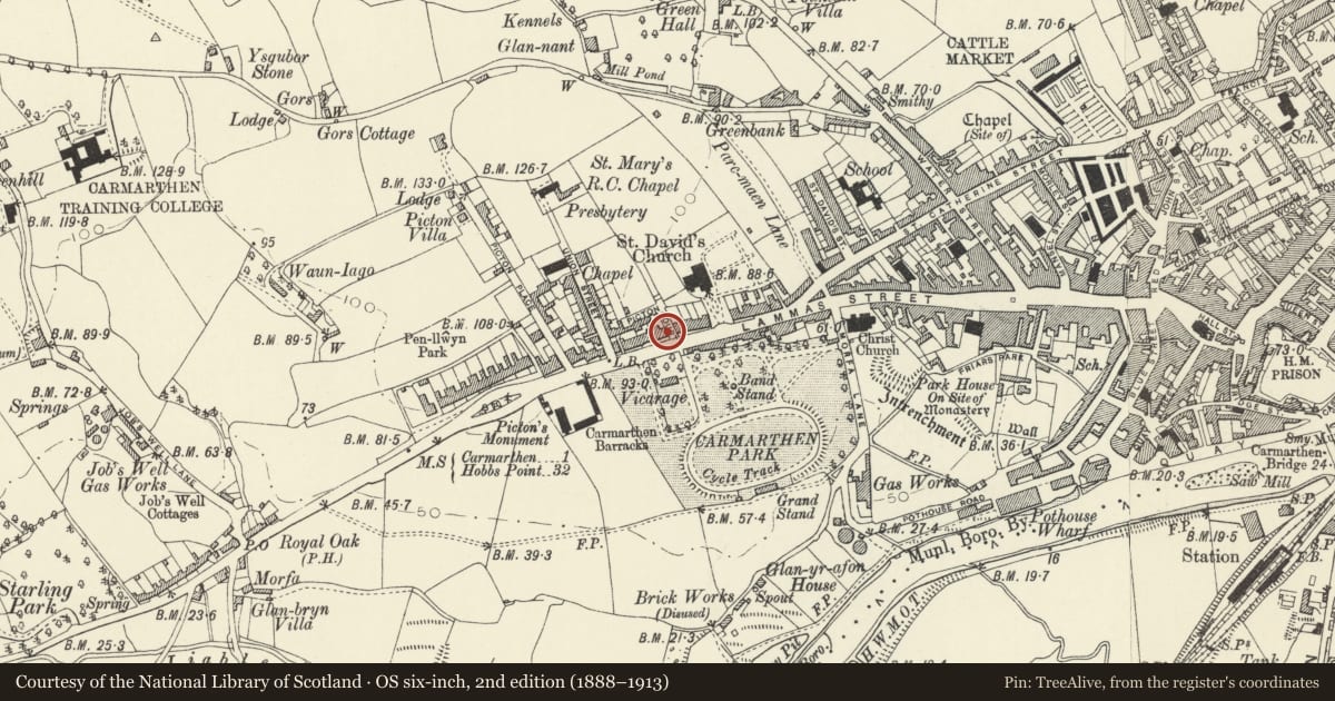 Ordnance Survey six-inch map, 2nd edition (1888–1913) covering the location of Castle House, including railings and gates, Carmarthen, Carmarthenshire, with a pin at the register's coordinates