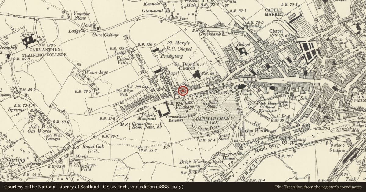 Ordnance Survey six-inch map, 2nd edition (1888–1913) covering the location of No 16 including railings and gate, Carmarthen, Carmarthenshire, with a pin at the register's coordinates