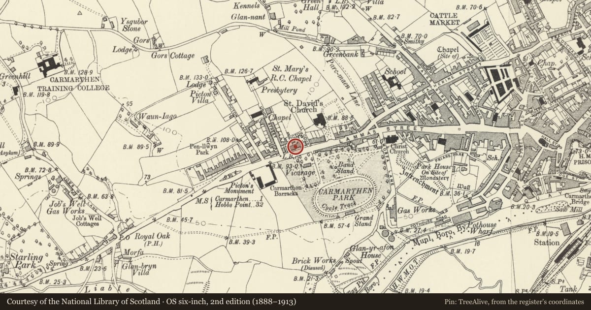 Ordnance Survey six-inch map, 2nd edition (1888–1913) covering the location of No 17 including gate and railings, Carmarthen, Carmarthenshire, with a pin at the register's coordinates