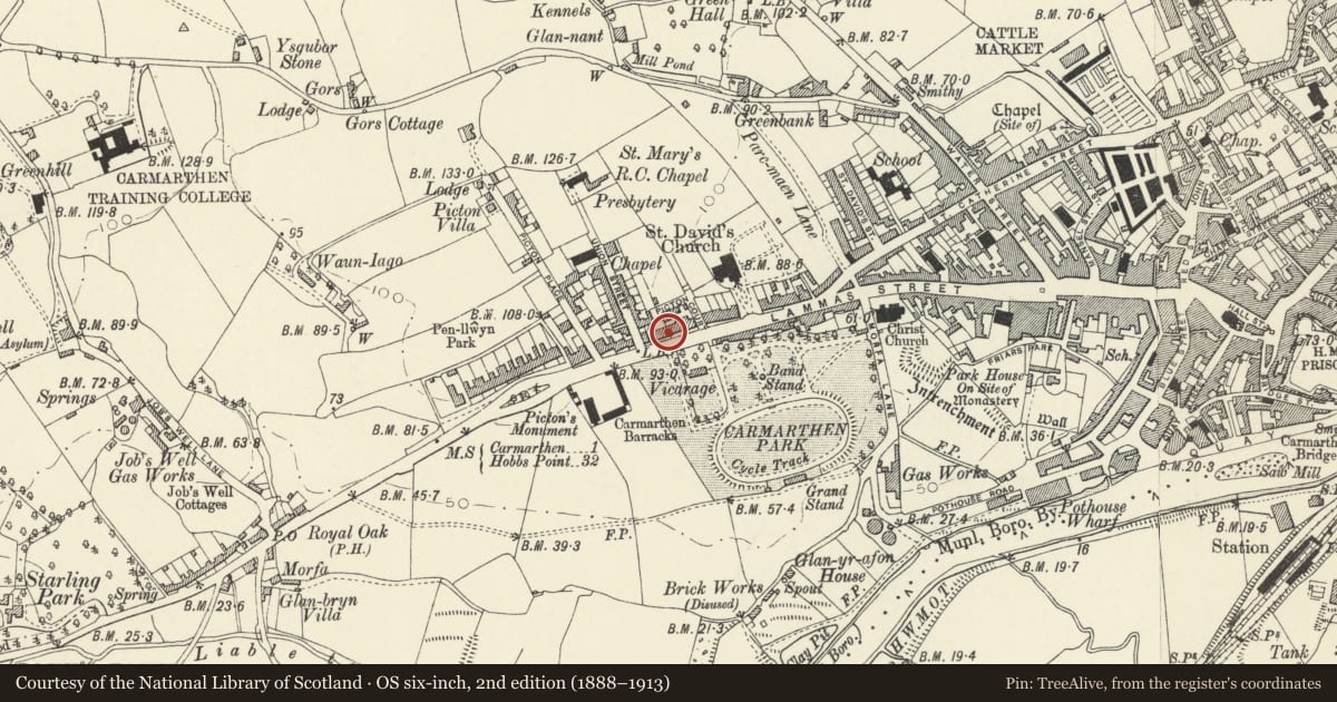 Ordnance Survey six-inch map, 2nd edition (1888–1913) covering the location of No 18 including railings and gate, Carmarthen, Carmarthenshire, with a pin at the register's coordinates