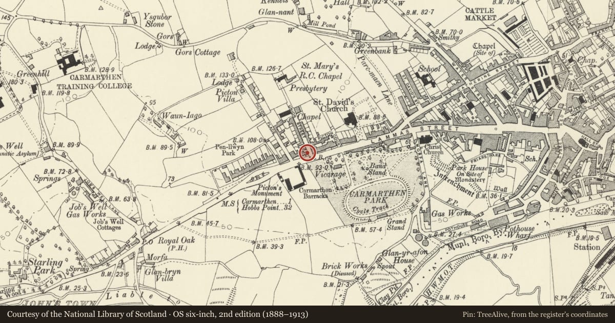 Ordnance Survey six-inch map, 2nd edition (1888–1913) covering the location of No 22 including wall, railings and gate, Carmarthen, Carmarthenshire, with a pin at the register's coordinates