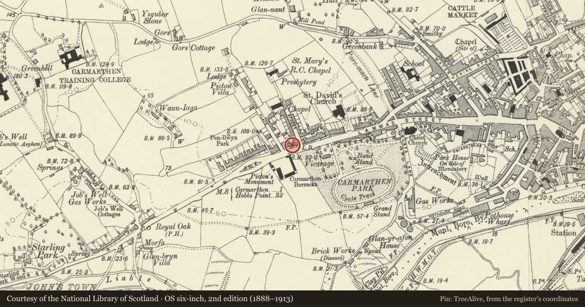 Ordnance Survey six-inch map, 2nd edition (1888–1913) covering the location of Llwyn Celyn, including railings and gates, Carmarthen, Carmarthenshire, with a pin at the register's coordinates