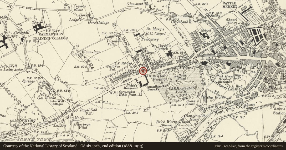 Ordnance Survey six-inch map, 2nd edition (1888–1913) covering the location of Porth Angel, including rear garden wall to Picton Place, Carmarthen, Carmarthenshire, with a pin at the register's coordinates