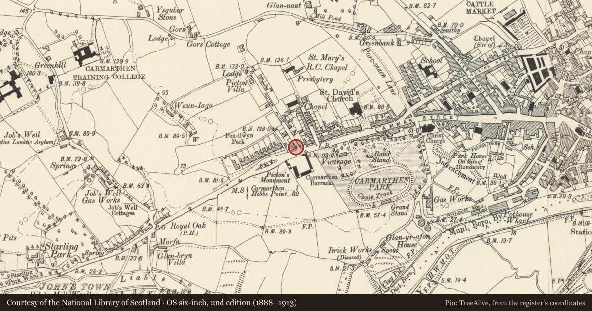 Ordnance Survey six-inch map, 2nd edition (1888–1913) covering the location of No 27 including railings and gates and rear garden wall, Carmarthen, Carmarthenshire, with a pin at the register's coordinates