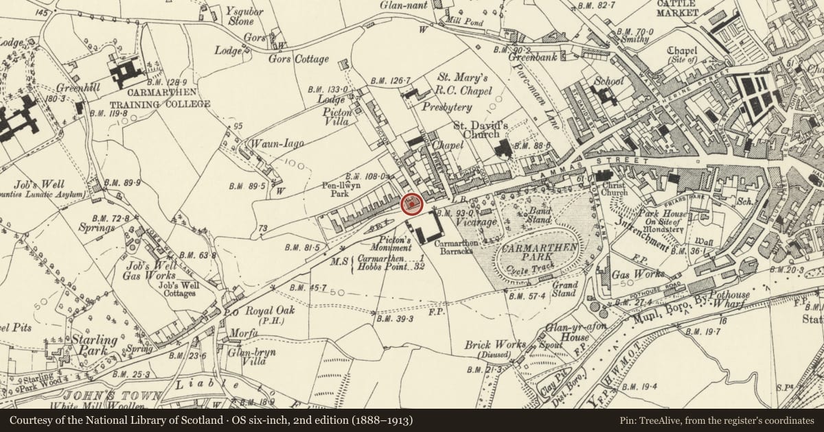 Ordnance Survey six-inch map, 2nd edition (1888–1913) covering the location of No 29 Picton Terrace, including garden wall, railings and gates, Carmarthen, Carmarthenshire, with a pin at the register's coordinates