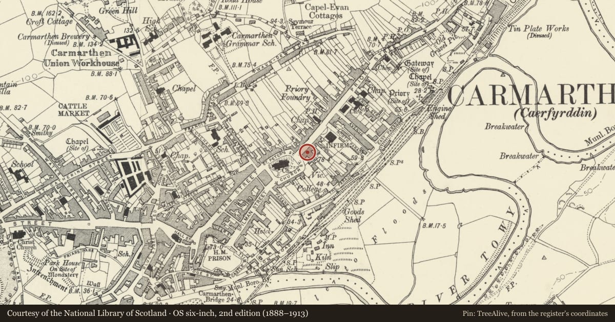 Ordnance Survey six-inch map, 2nd edition (1888–1913) covering the location of Red Lion PH, Carmarthen, Carmarthenshire, with a pin at the register's coordinates