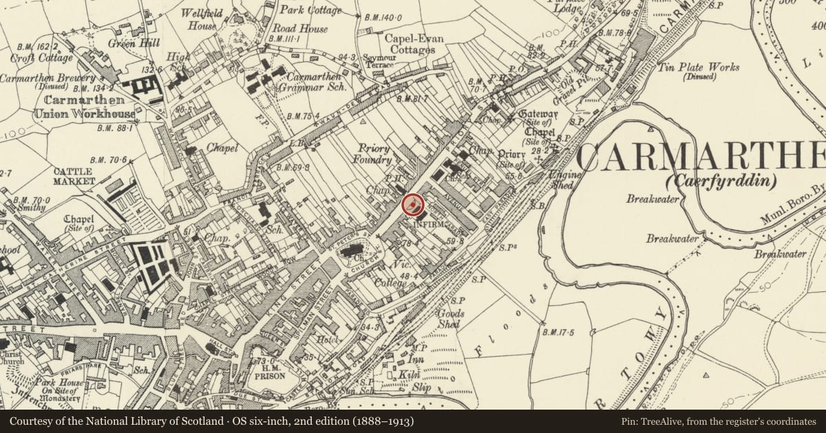 Ordnance Survey six-inch map, 2nd edition (1888–1913) covering the location of Gatepiers at entrance to former Infirmary, Carmarthen, Carmarthenshire, with a pin at the register's coordinates