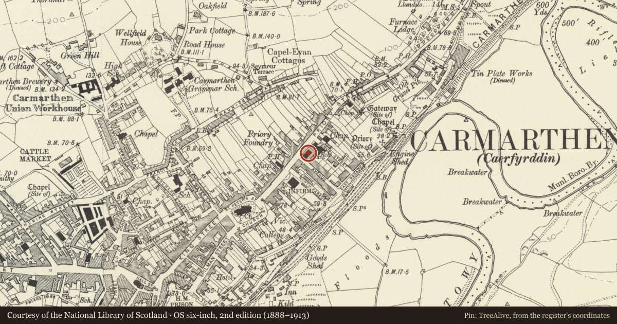 Ordnance Survey six-inch map, 2nd edition (1888–1913) covering the location of Eglwys Sant Ioan/Church of St John, Carmarthen, Carmarthenshire, with a pin at the register's coordinates