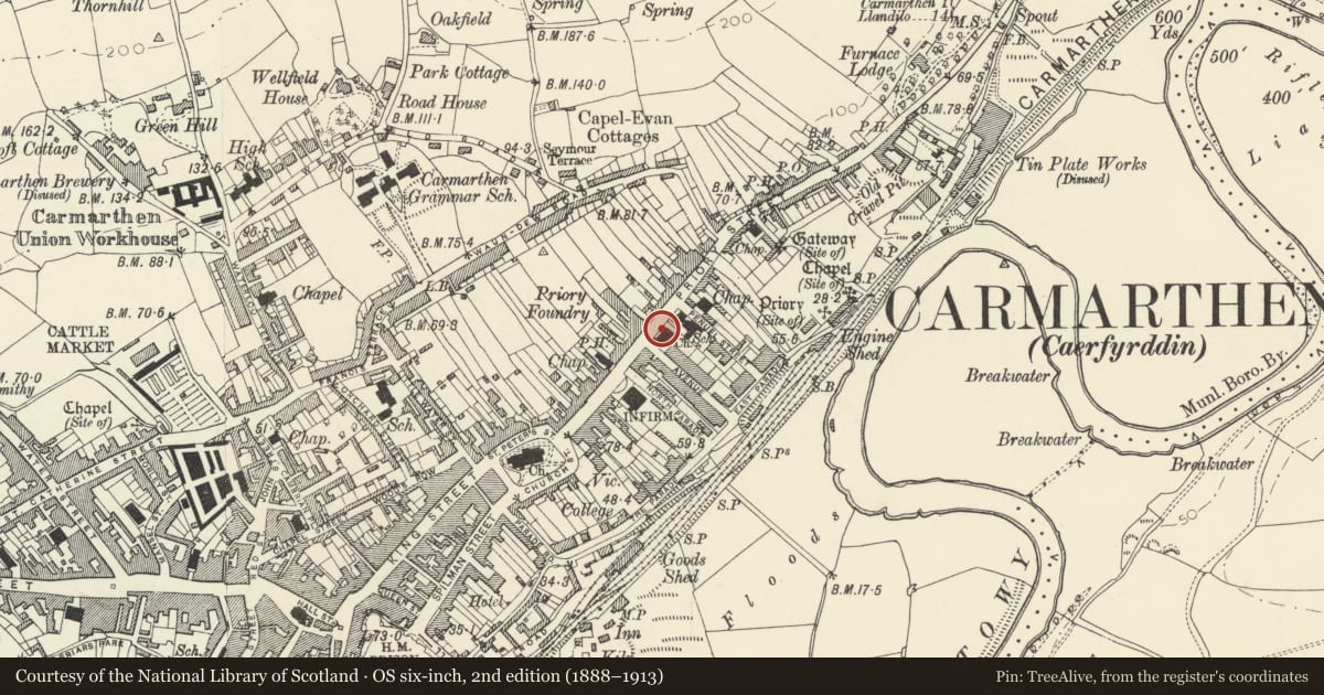 Ordnance Survey six-inch map, 2nd edition (1888–1913) covering the location of Railings, gates and gatepiers to St John's Church, Carmarthen, Carmarthenshire, with a pin at the register's coordinates