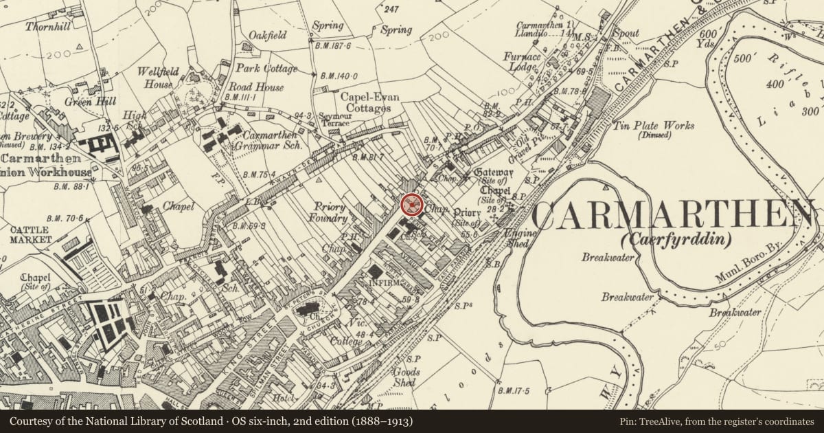 Ordnance Survey six-inch map, 2nd edition (1888–1913) covering the location of Entrance gates and rails to Penuel Baptist Chapel, Carmarthen, Carmarthenshire, with a pin at the register's coordinates