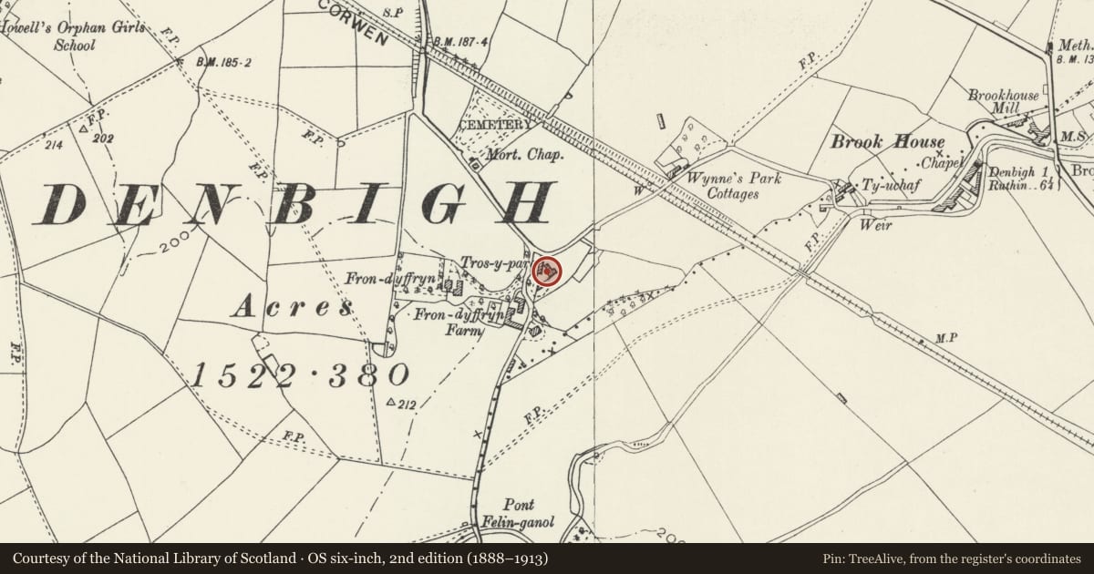 Ordnance Survey six-inch map, 2nd edition (1888–1913) covering the location of Tros-y-Parc, Denbigh, Denbighshire, with a pin at the register's coordinates