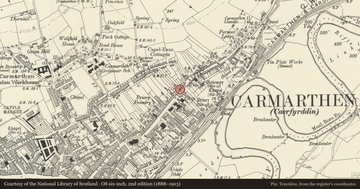 Ordnance Survey six-inch map, 2nd edition (1888–1913) covering the location of The King's Arms, Carmarthen, Carmarthenshire, with a pin at the register's coordinates