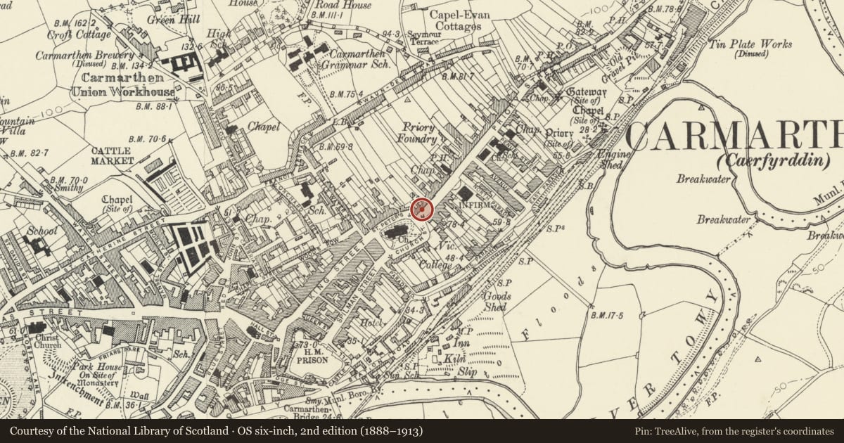 Ordnance Survey six-inch map, 2nd edition (1888–1913) covering the location of 144 Priory Street, Carmarthen, Carmarthenshire, with a pin at the register's coordinates