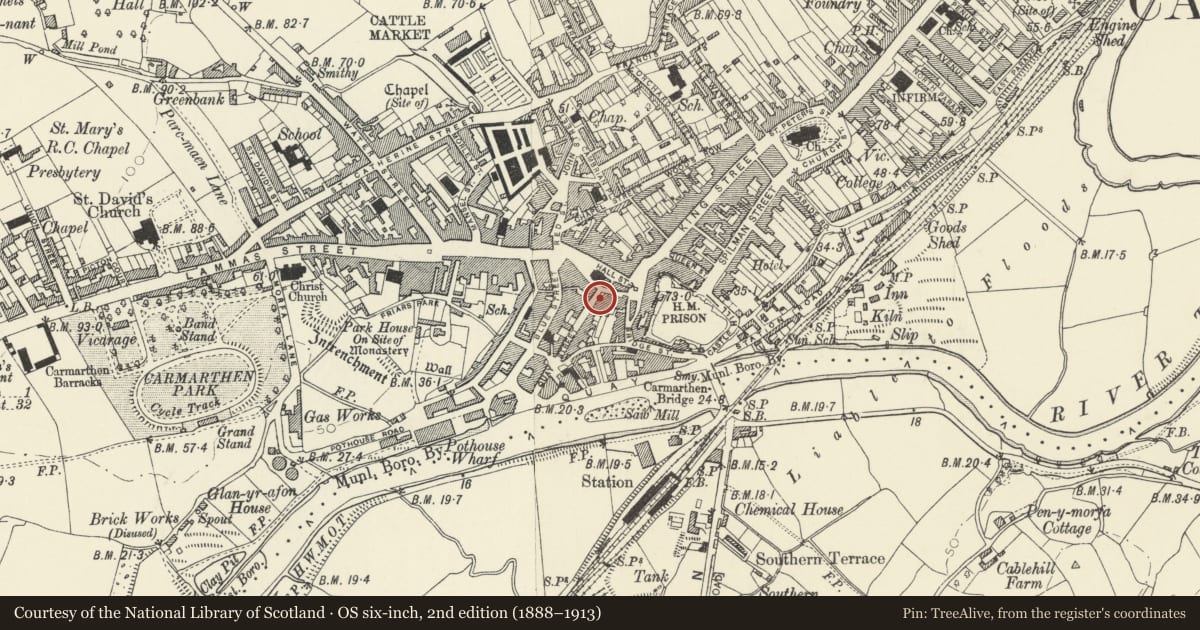 Ordnance Survey six-inch map, 2nd edition (1888–1913) covering the location of 2 Quay Street, Carmarthen, Carmarthenshire, with a pin at the register's coordinates