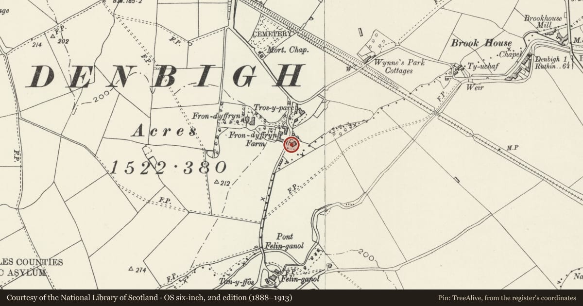 Ordnance Survey six-inch map, 2nd edition (1888–1913) covering the location of Llys-y-Coed (also known as Ystrad Cottage), Denbigh, Denbighshire, with a pin at the register's coordinates