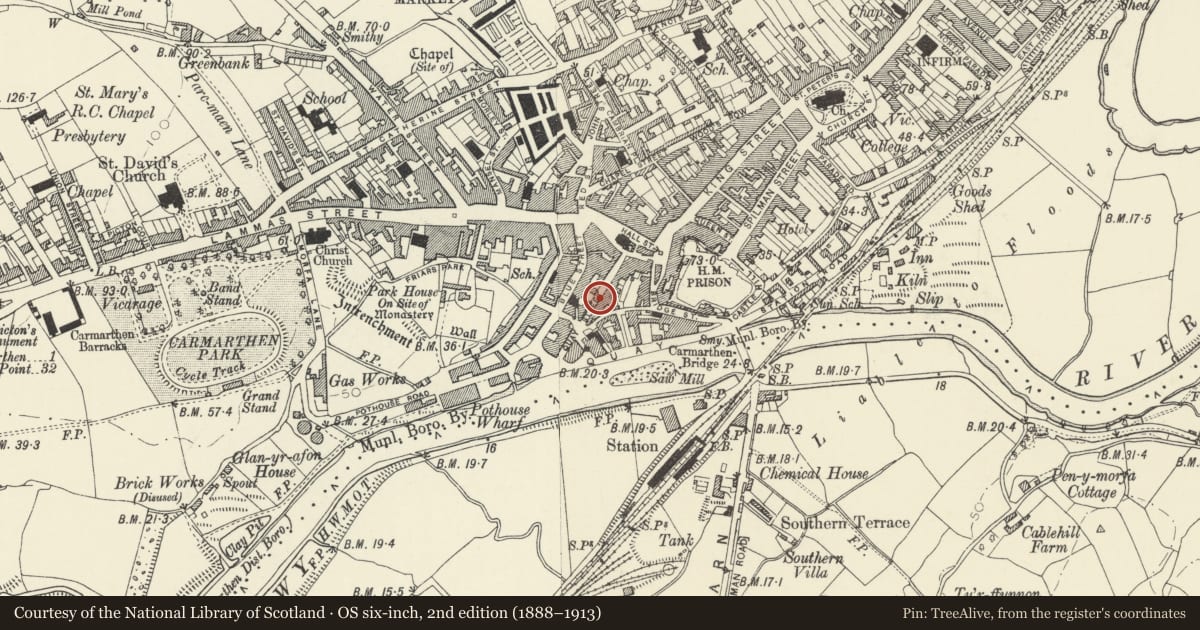 Ordnance Survey six-inch map, 2nd edition (1888–1913) covering the location of Walls and railings in front of Nos 9 & 10, Carmarthen, Carmarthenshire, with a pin at the register's coordinates