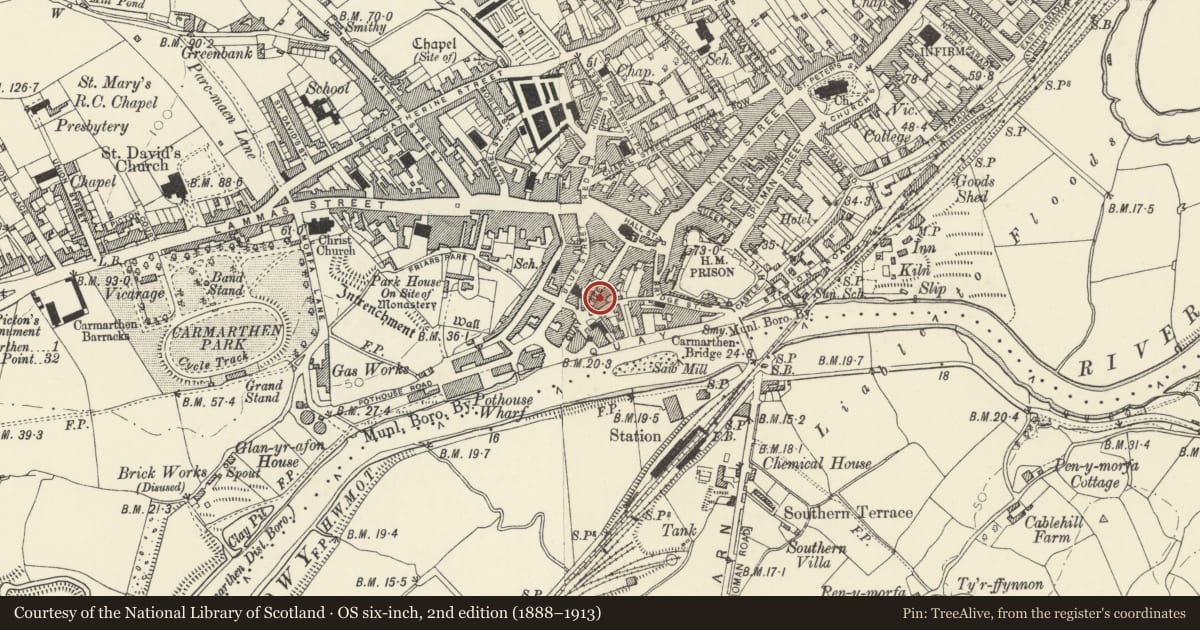 Ordnance Survey six-inch map, 2nd edition (1888–1913) covering the location of Cartref, Carmarthen, Carmarthenshire, with a pin at the register's coordinates
