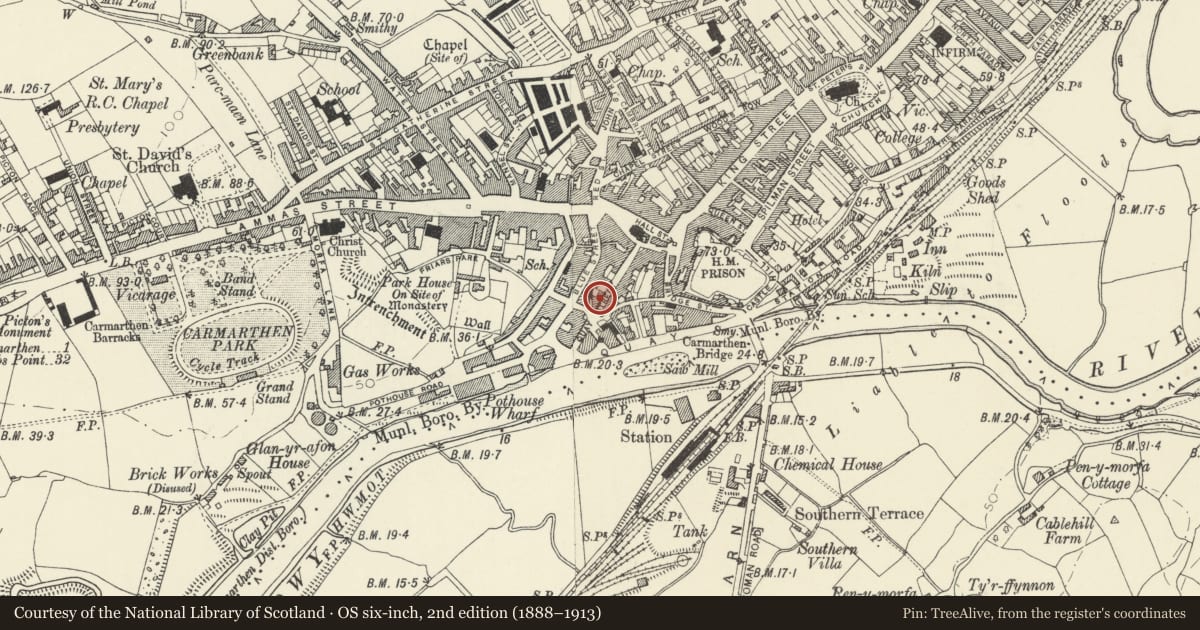 Ordnance Survey six-inch map, 2nd edition (1888–1913) covering the location of 26 Quay Street, Carmarthen, Carmarthenshire, with a pin at the register's coordinates