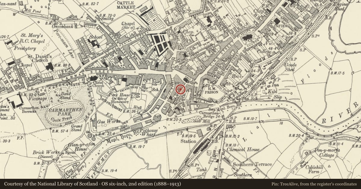 Ordnance Survey six-inch map, 2nd edition (1888–1913) covering the location of 30 Quay Street, Carmarthen, Carmarthenshire, with a pin at the register's coordinates