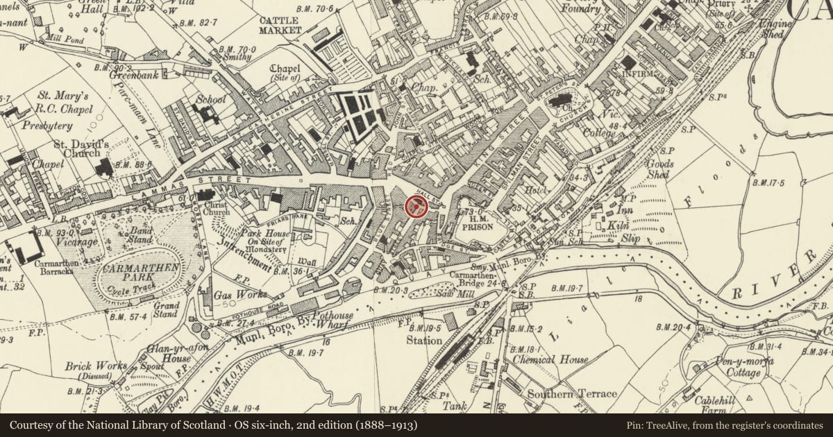 Ordnance Survey six-inch map, 2nd edition (1888–1913) covering the location of 34 Quay Street, Carmarthen, Carmarthenshire, with a pin at the register's coordinates