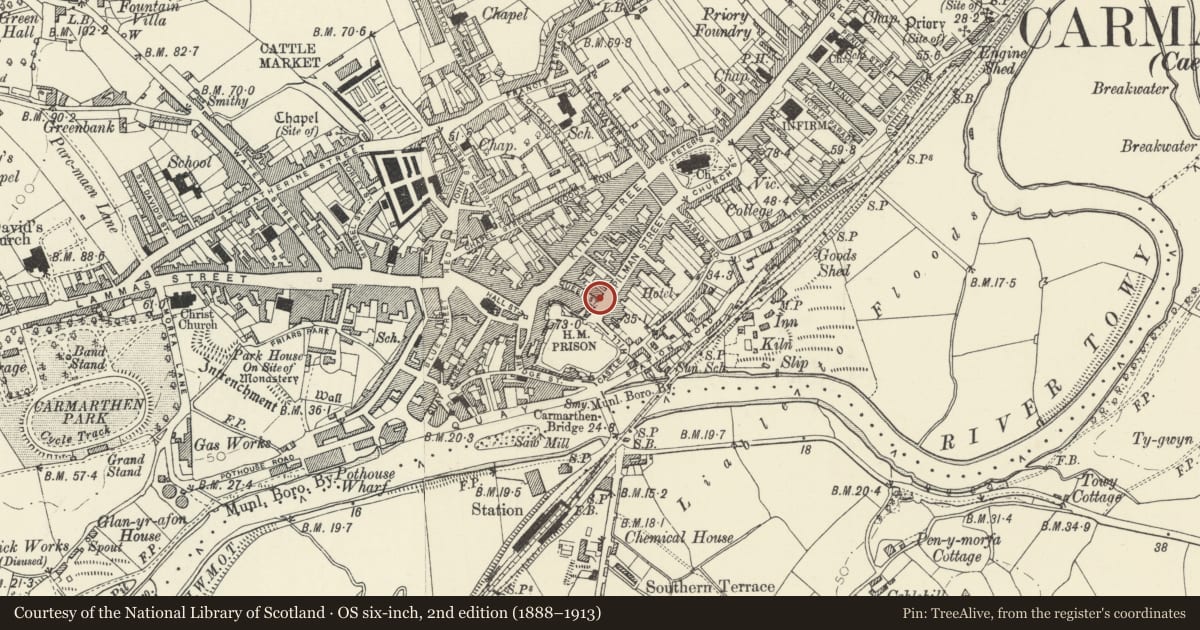 Ordnance Survey six-inch map, 2nd edition (1888–1913) covering the location of 1 Queen Street, Carmarthen, Carmarthenshire, with a pin at the register's coordinates