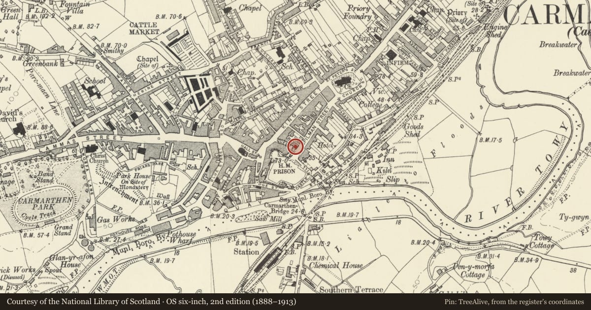 Ordnance Survey six-inch map, 2nd edition (1888–1913) covering the location of 2 Queen Street, Carmarthen, Carmarthenshire, with a pin at the register's coordinates