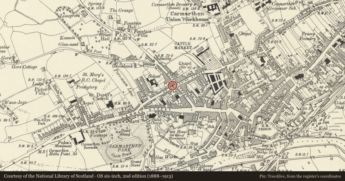 Ordnance Survey six-inch map, 2nd edition (1888–1913) covering the location of 23 St Catherine Street, Carmarthen, Carmarthenshire, with a pin at the register's coordinates