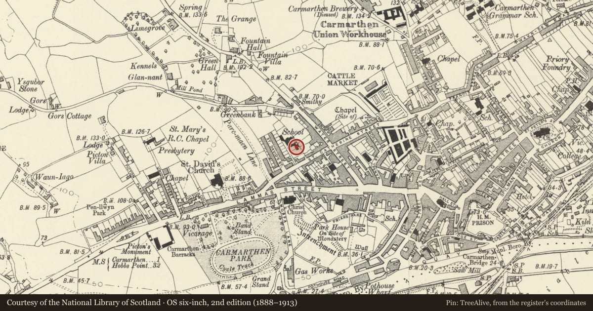 Ordnance Survey six-inch map, 2nd edition (1888–1913) covering the location of Former Infants' Wing at Model School, Carmarthen, Carmarthenshire, with a pin at the register's coordinates