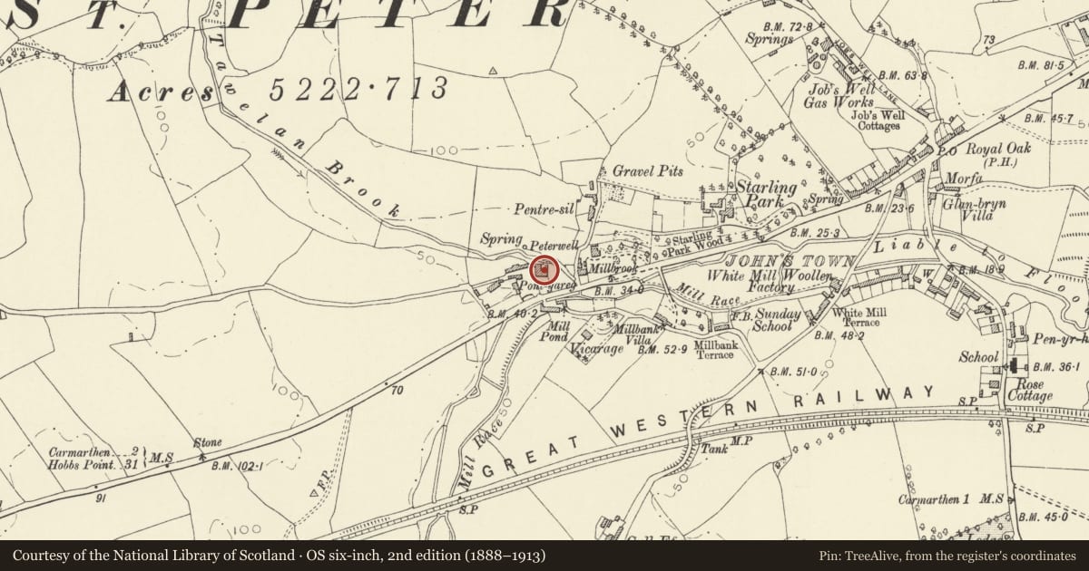 Ordnance Survey six-inch map, 2nd edition (1888–1913) covering the location of Pontgarreg Cottage, Carmarthen, Carmarthenshire, with a pin at the register's coordinates