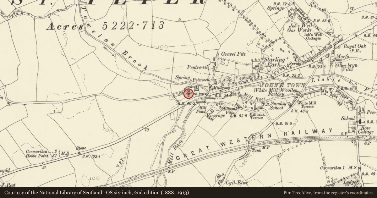 Ordnance Survey six-inch map, 2nd edition (1888–1913) covering the location of Barn to SW of Pontgarreg Cottage, Carmarthen, Carmarthenshire, with a pin at the register's coordinates