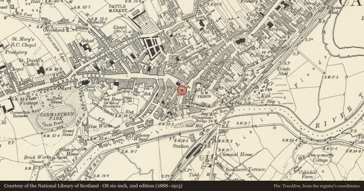 Ordnance Survey six-inch map, 2nd edition (1888–1913) covering the location of Saint Mary's Auction House, Carmarthen, Carmarthenshire, with a pin at the register's coordinates