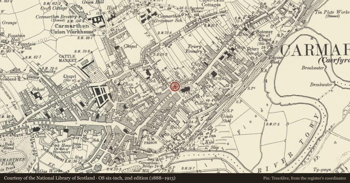 Ordnance Survey six-inch map, 2nd edition (1888–1913) covering the location of Furnace House including forecourt walls, railings, gates and overthrow, Carmarthen, Carmarthenshire, with a pin at the register's coordinates