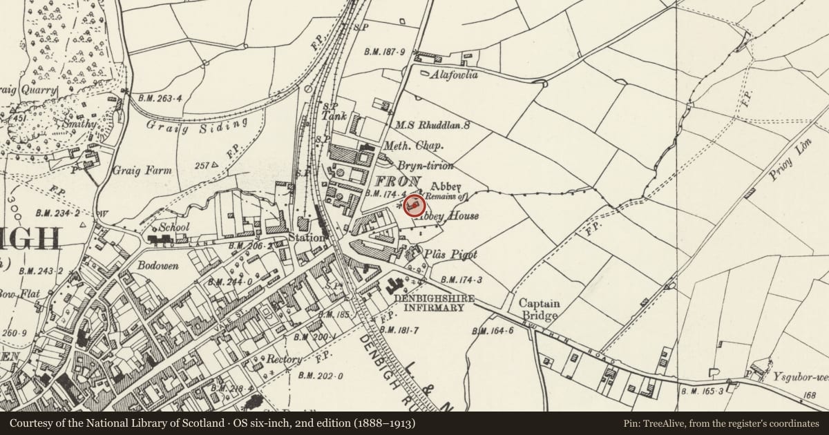 Ordnance Survey six-inch map, 2nd edition (1888–1913) covering the location of Abbey Cottage, Denbigh, Denbighshire, with a pin at the register's coordinates