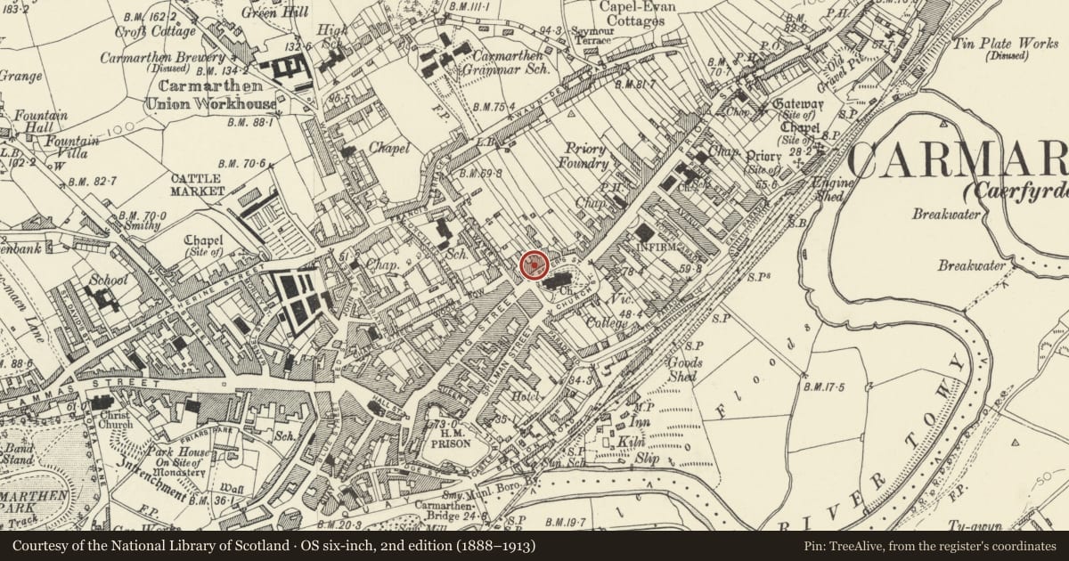 Ordnance Survey six-inch map, 2nd edition (1888–1913) covering the location of Ty Carwyn, including forecourt railings, Carmarthen, Carmarthenshire, with a pin at the register's coordinates