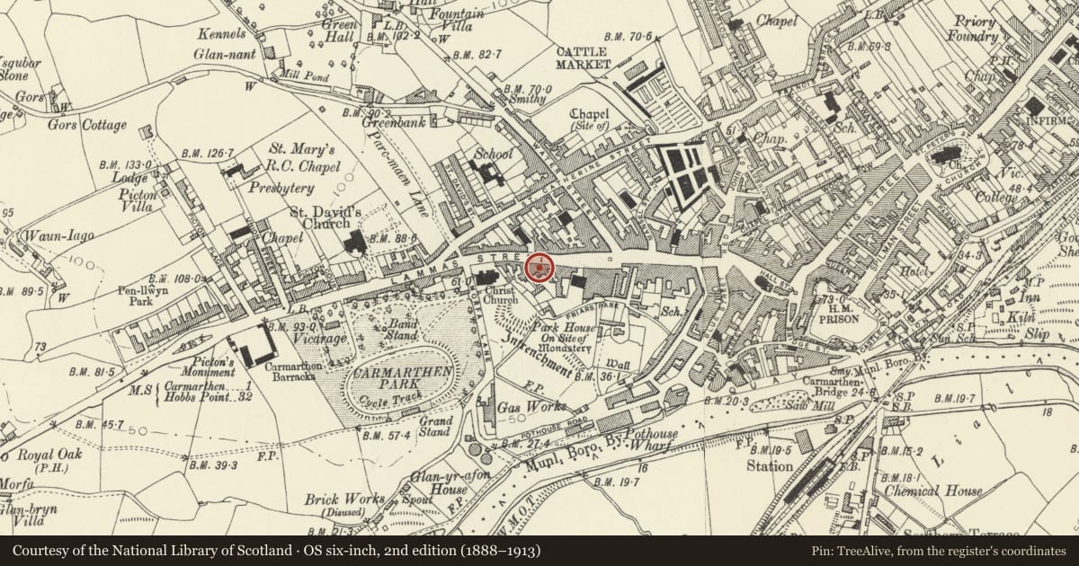 Ordnance Survey six-inch map, 2nd edition (1888–1913) covering the location of No 1 Speedwell Court, Carmarthen, Carmarthenshire, with a pin at the register's coordinates
