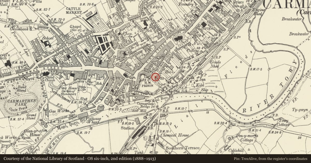 Ordnance Survey six-inch map, 2nd edition (1888–1913) covering the location of Front garden wall, gate and railings to No 2, Carmarthen, Carmarthenshire, with a pin at the register's coordinates