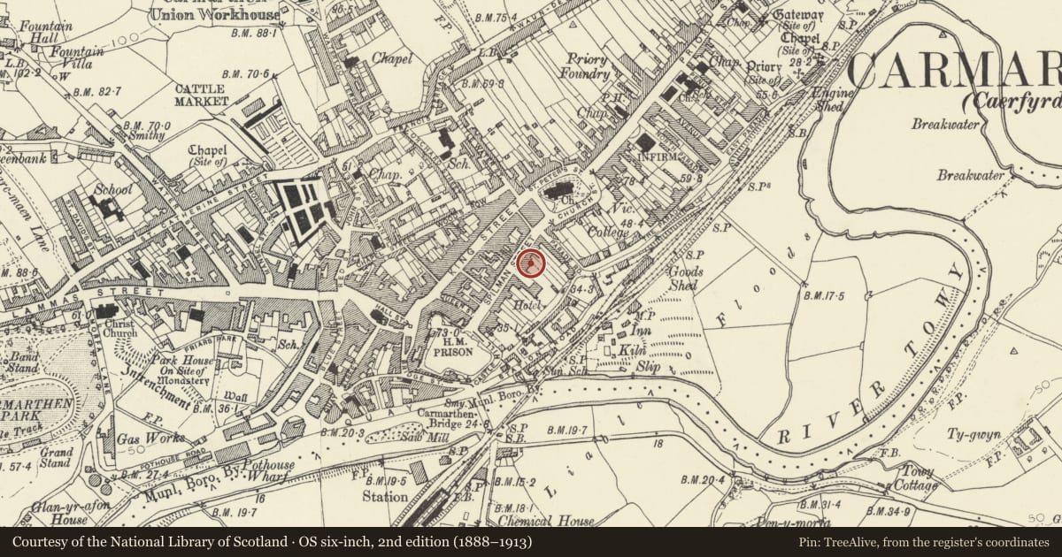 Ordnance Survey six-inch map, 2nd edition (1888–1913) covering the location of Napier House, Carmarthen, Carmarthenshire, with a pin at the register's coordinates