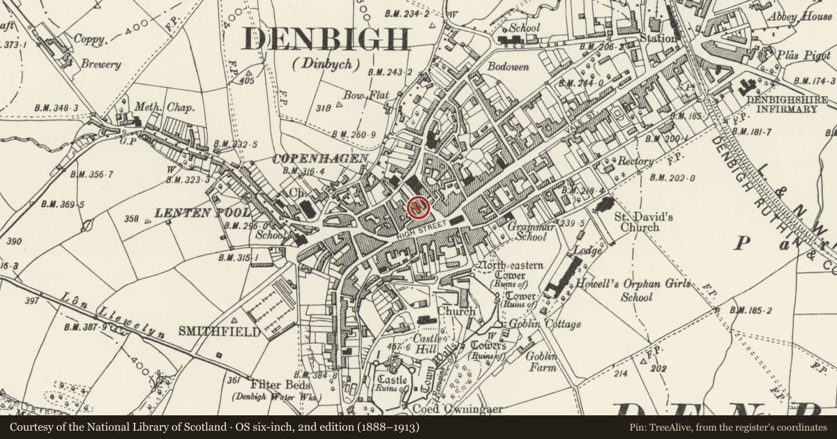 Ordnance Survey six-inch map, 2nd edition (1888–1913) covering the location of The Eagles Inn, Denbigh, Denbighshire, with a pin at the register's coordinates