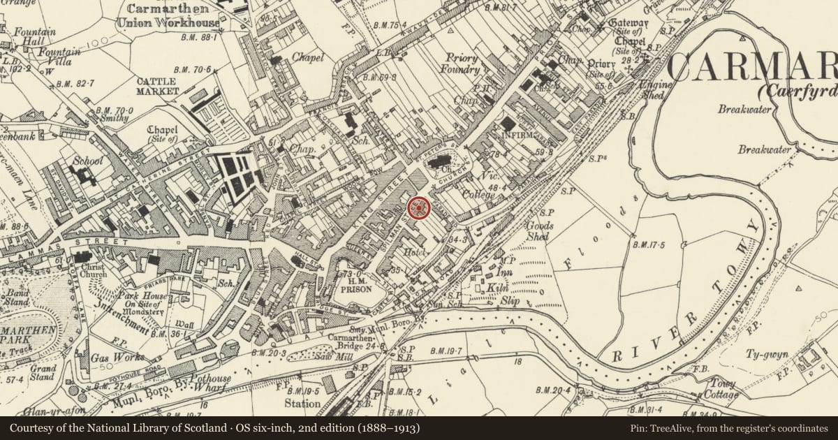 Ordnance Survey six-inch map, 2nd edition (1888–1913) covering the location of 15 Spilman Street, Carmarthen, Carmarthenshire, with a pin at the register's coordinates