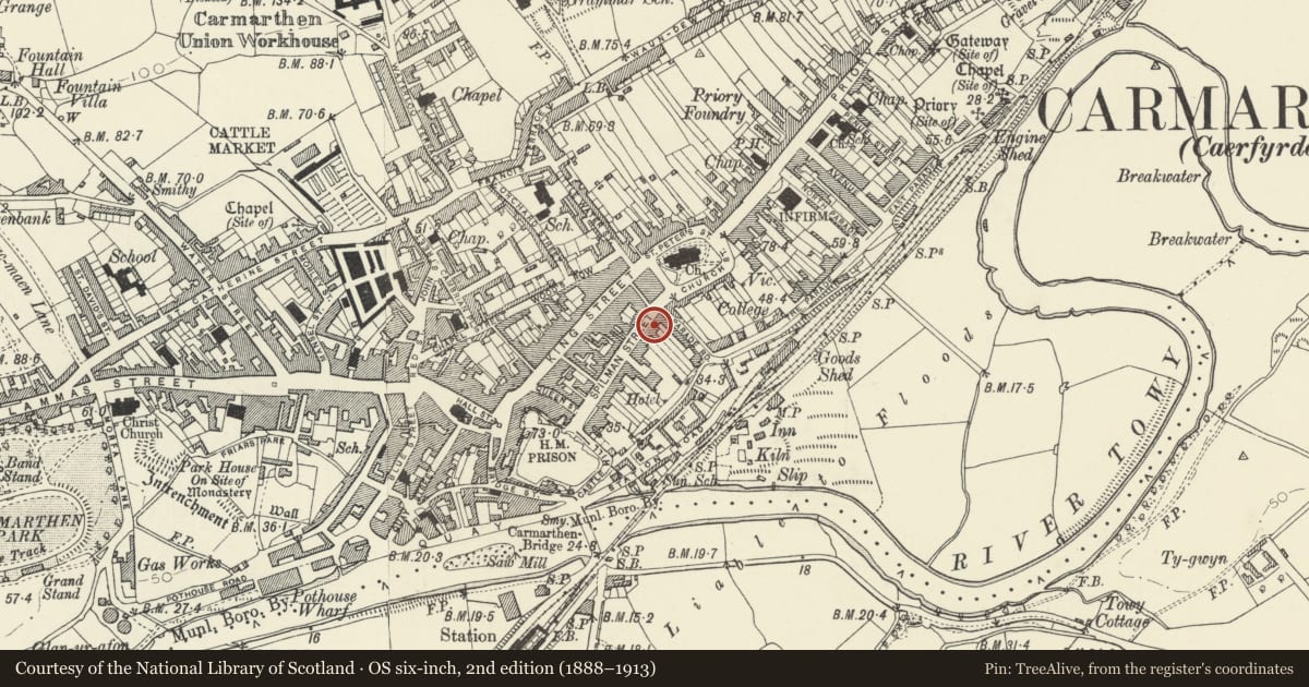 Ordnance Survey six-inch map, 2nd edition (1888–1913) covering the location of 16 Spilman Street, Carmarthen, Carmarthenshire, with a pin at the register's coordinates