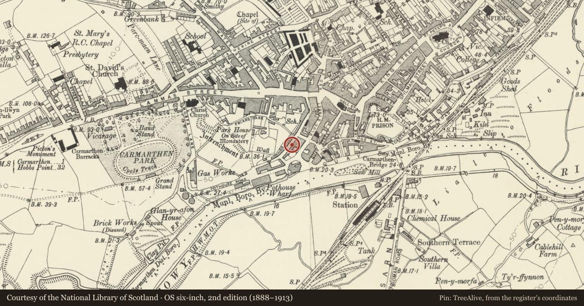 Ordnance Survey six-inch map, 2nd edition (1888–1913) covering the location of 1 Spring Gardens, Carmarthen, Carmarthenshire, with a pin at the register's coordinates