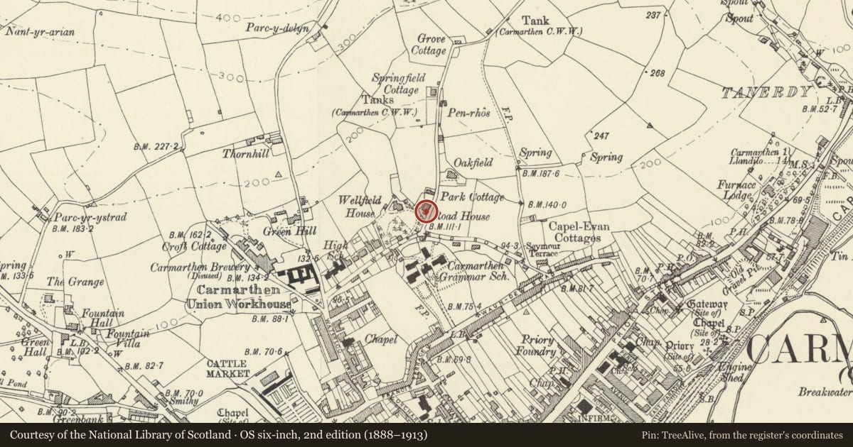 Ordnance Survey six-inch map, 2nd edition (1888–1913) covering the location of Hendre, including gate and railings, Carmarthen, Carmarthenshire, with a pin at the register's coordinates